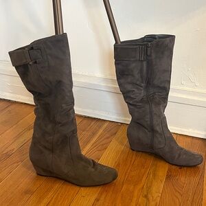Gray Suede Knee-High Wedge Boots
